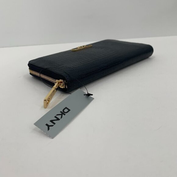 DKNY Donna Karan Lizard Leather Navy Blue Zipp Continental Wallet logo gold new - Picture 2 of 5